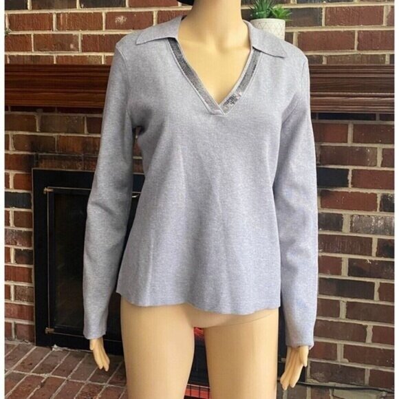 Calvin Klein Women's Shirt V-Neck Long Sleeve Sequin Collared Gray Size M New - Picture 13 of 14